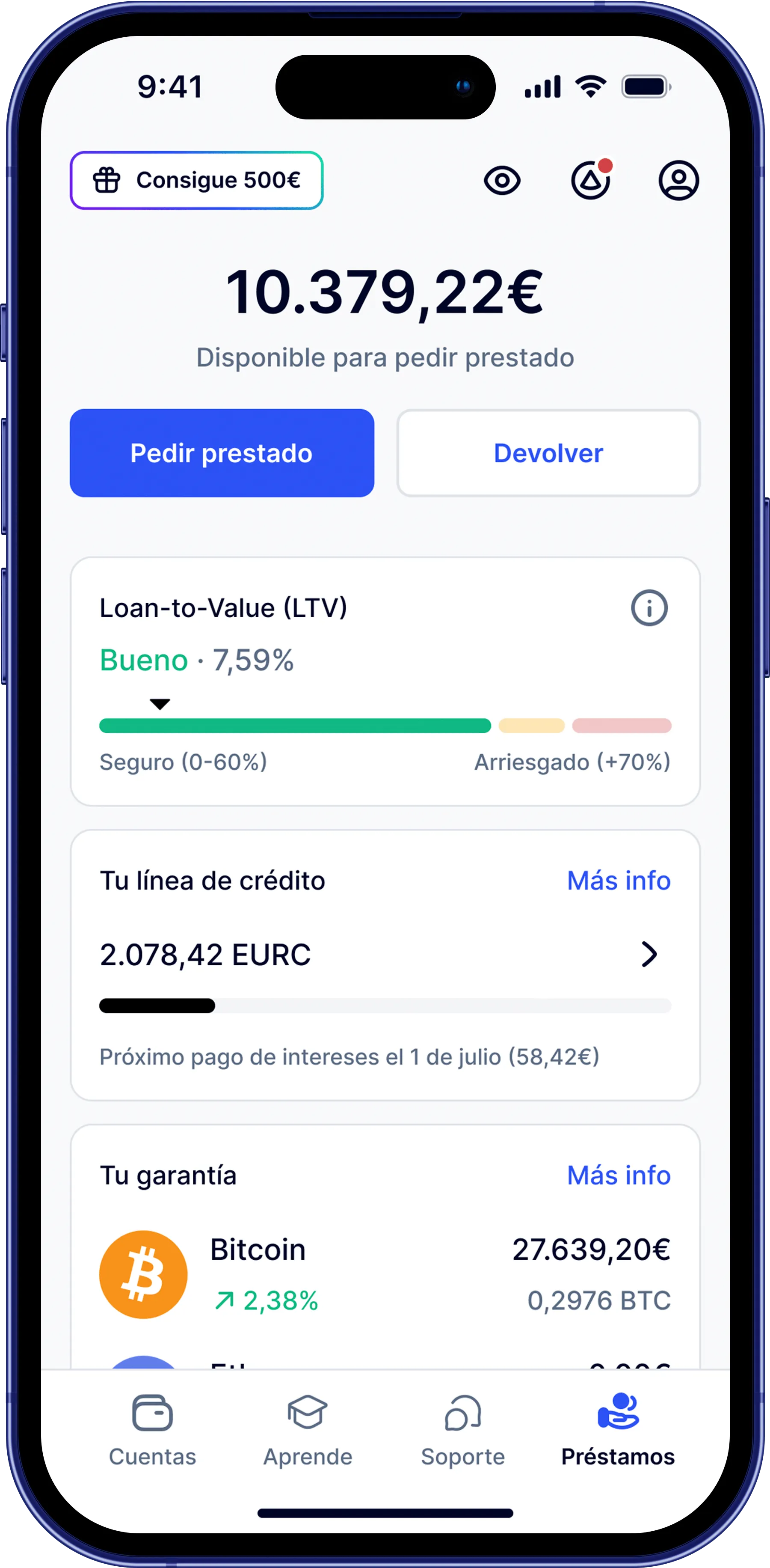 Pantalla de la app Rand Línea de Crédito